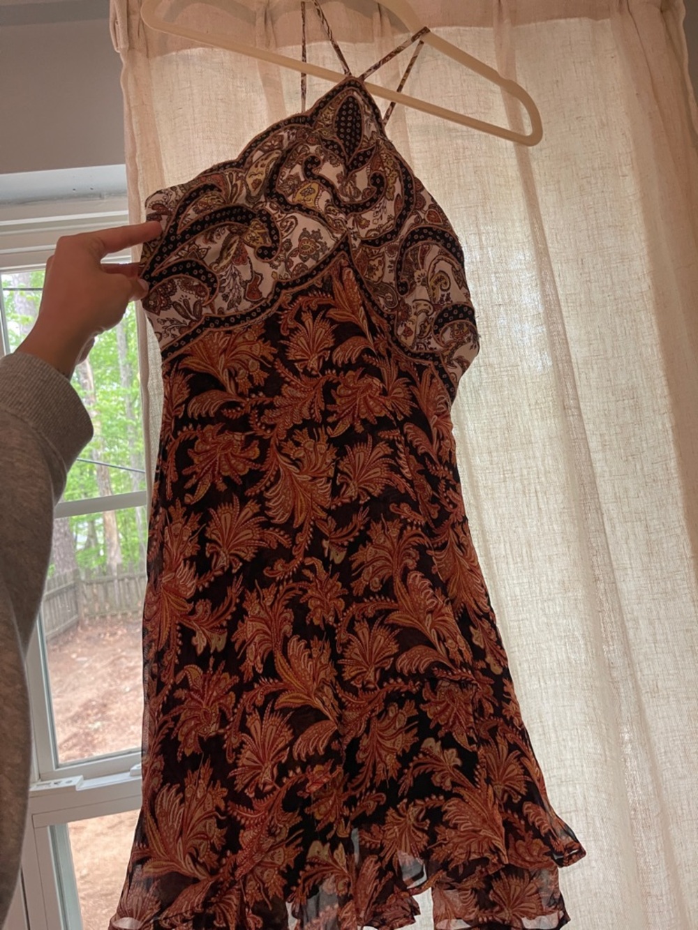 Anthropologie Black & Rust Paisley-Print Mini Slip Dress
